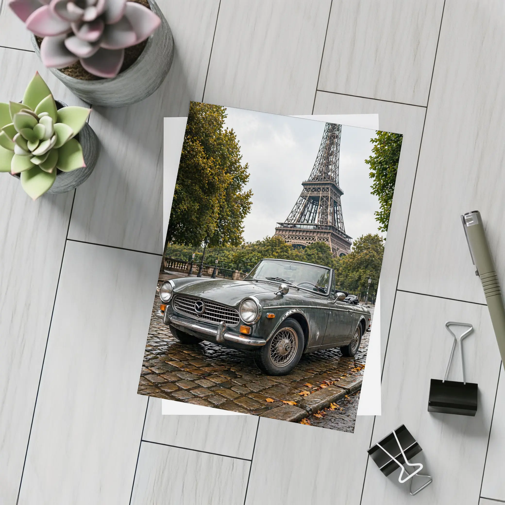 Vintage Mazda Roadster Parked Near Eiffel Tower – Postcards