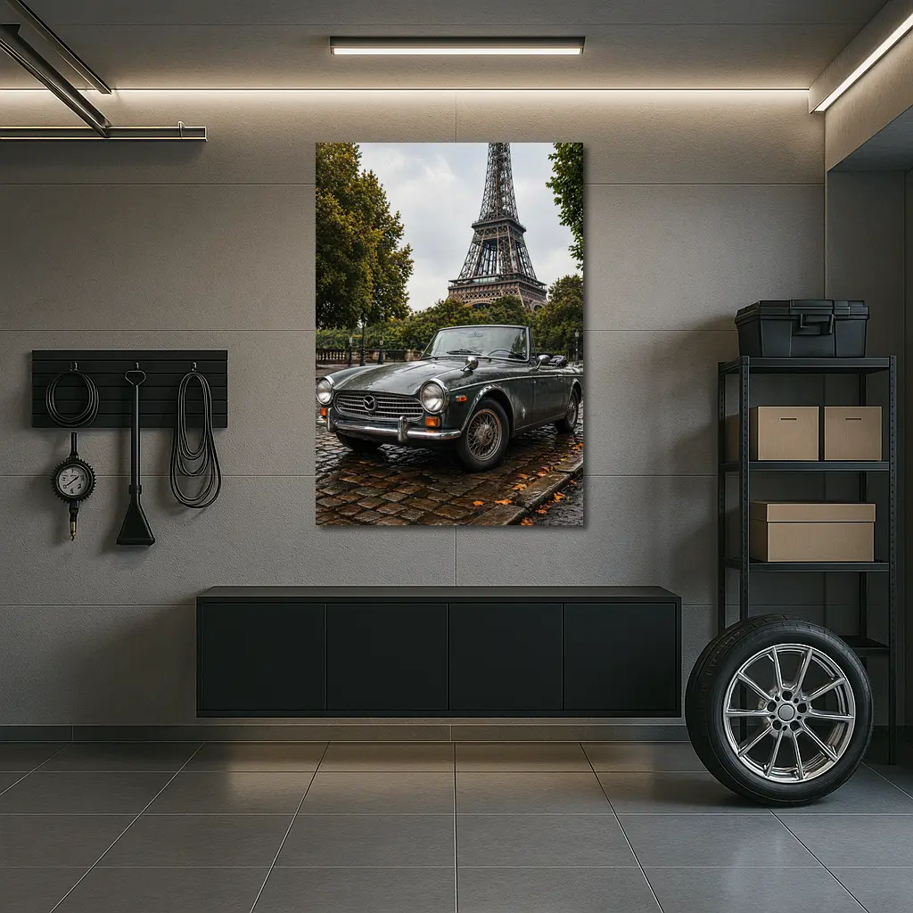 Vintage Mazda Roadster Parked Near Eiffel Tower – Wall Art