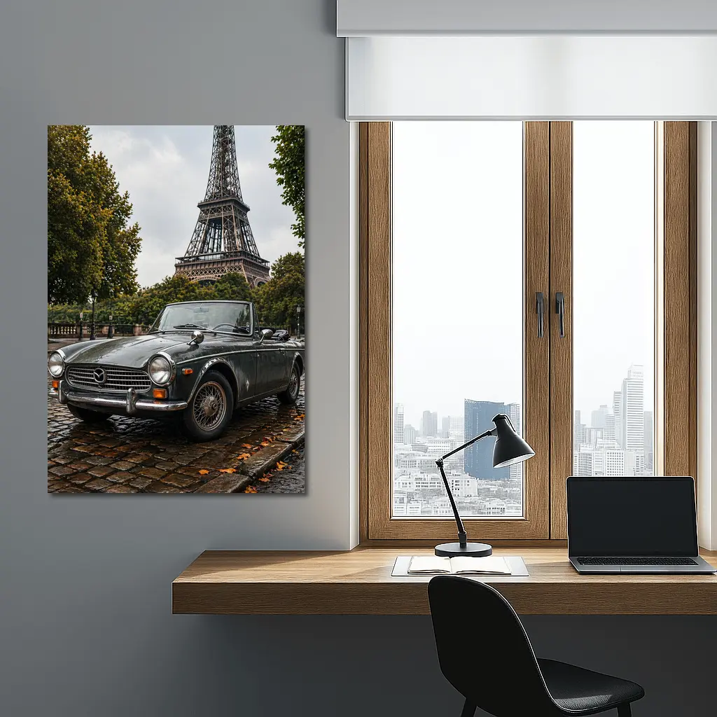 Vintage Mazda Roadster Parked Near Eiffel Tower – Wall Art