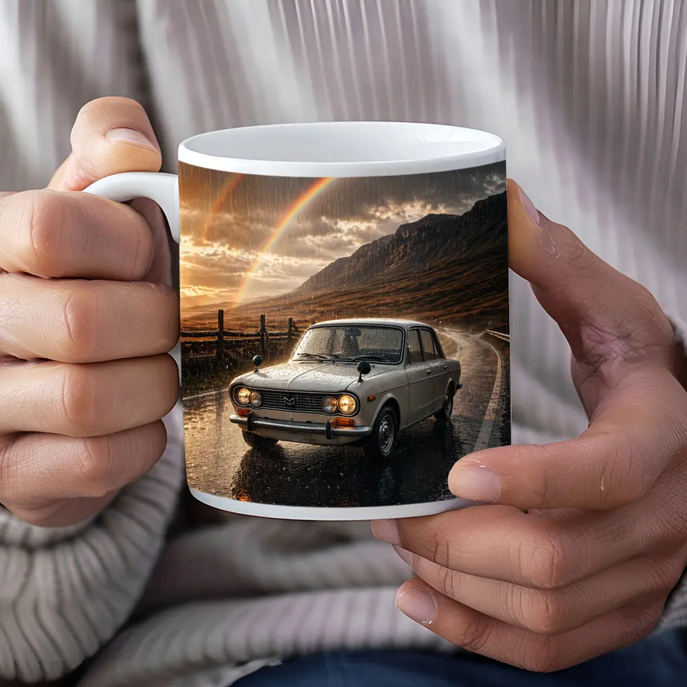 Vintage Mazda Sedan Rain Rainbow Mountain Road – Mugs