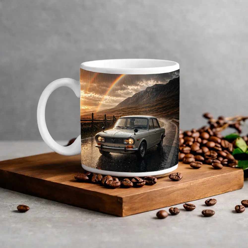 Vintage Mazda Sedan Rain Rainbow Mountain Road – Mugs