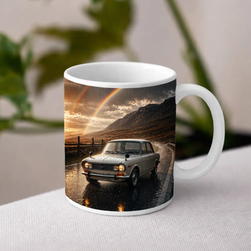 Vintage Mazda Sedan Rain Rainbow Mountain Road – Mugs