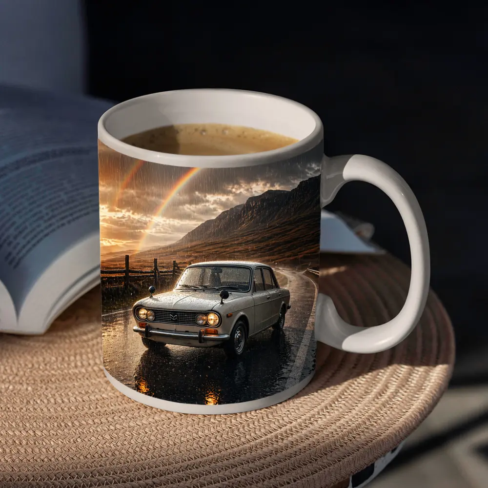 Vintage Mazda Sedan Rain Rainbow Mountain Road – Mugs