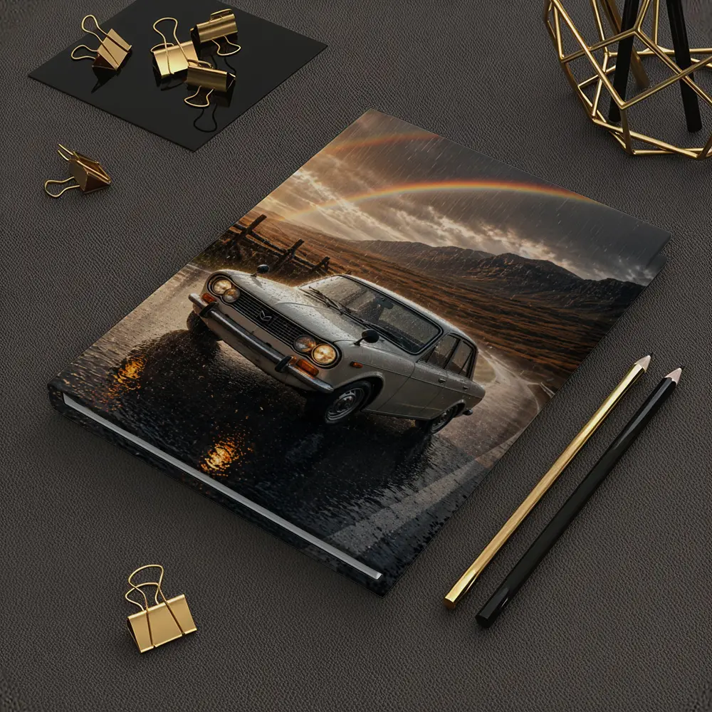 Vintage Mazda Sedan Rain Rainbow Mountain Road – Notebooks