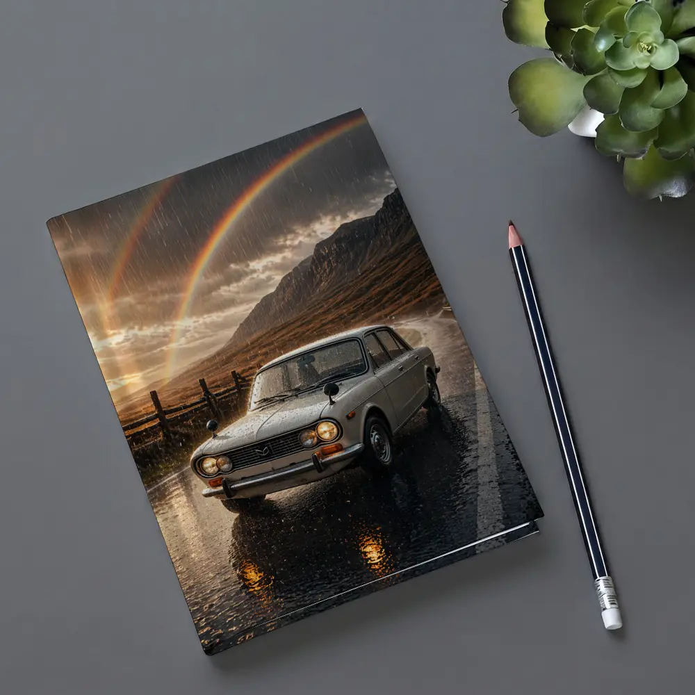 Vintage Mazda Sedan Rain Rainbow Mountain Road – Notebooks