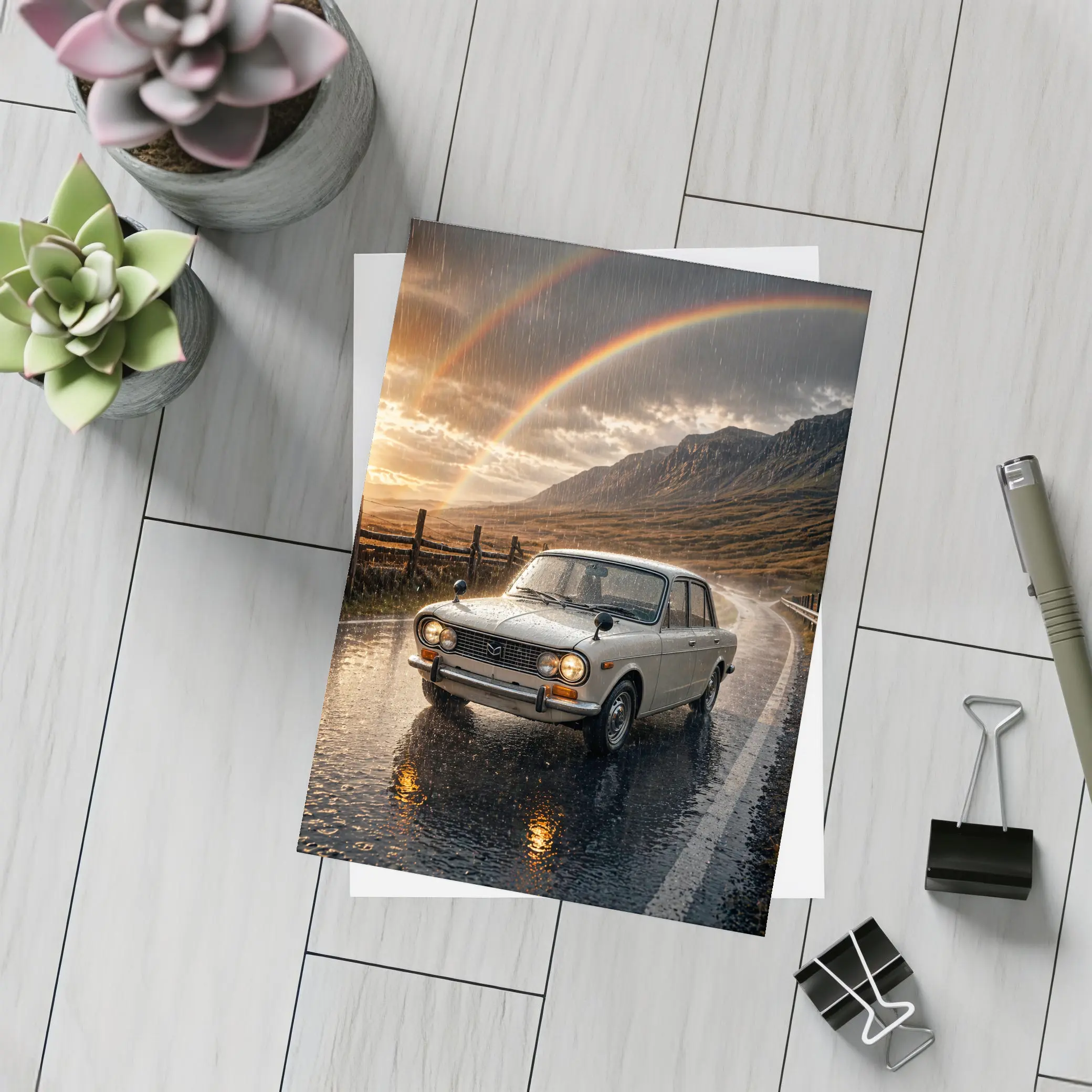 Vintage Mazda Sedan Rain Rainbow Mountain Road – Postcards