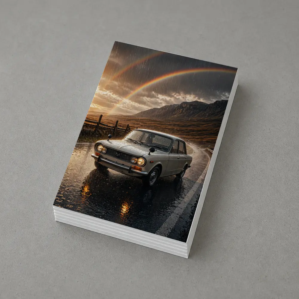 Vintage Mazda Sedan Rain Rainbow Mountain Road – Postcards