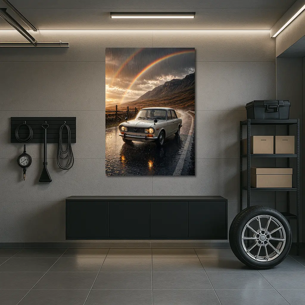 Vintage Mazda Sedan Rain Rainbow Mountain Road – Wall Art