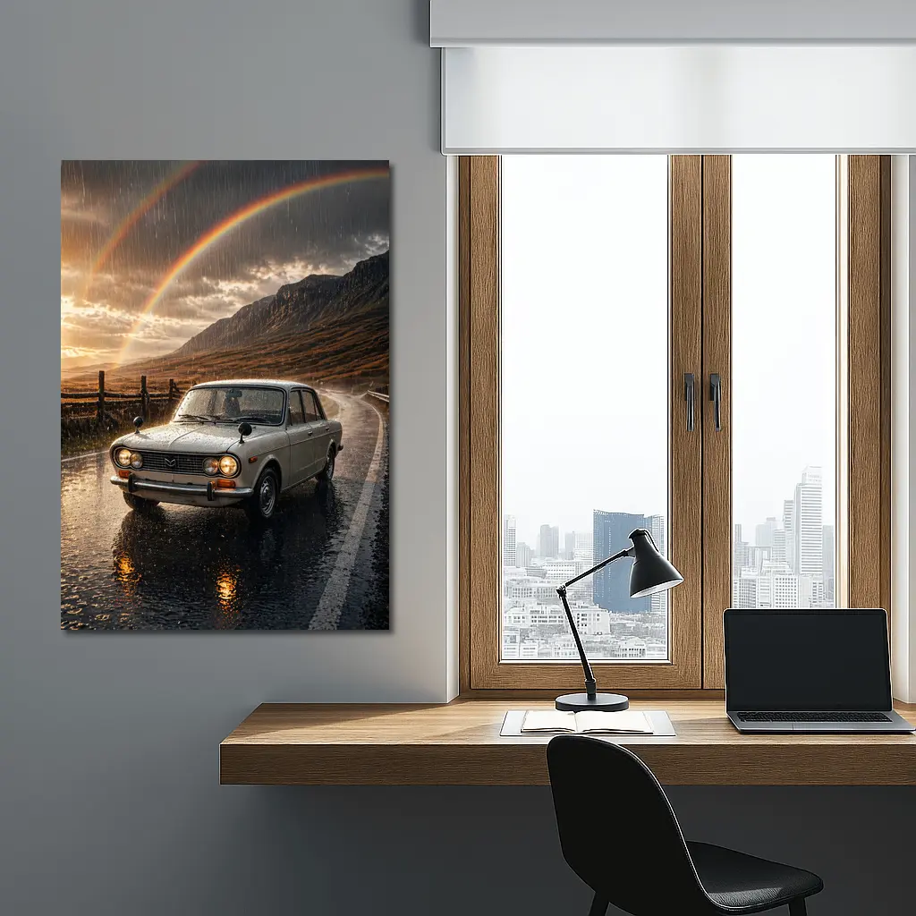 Vintage Mazda Sedan Rain Rainbow Mountain Road – Wall Art