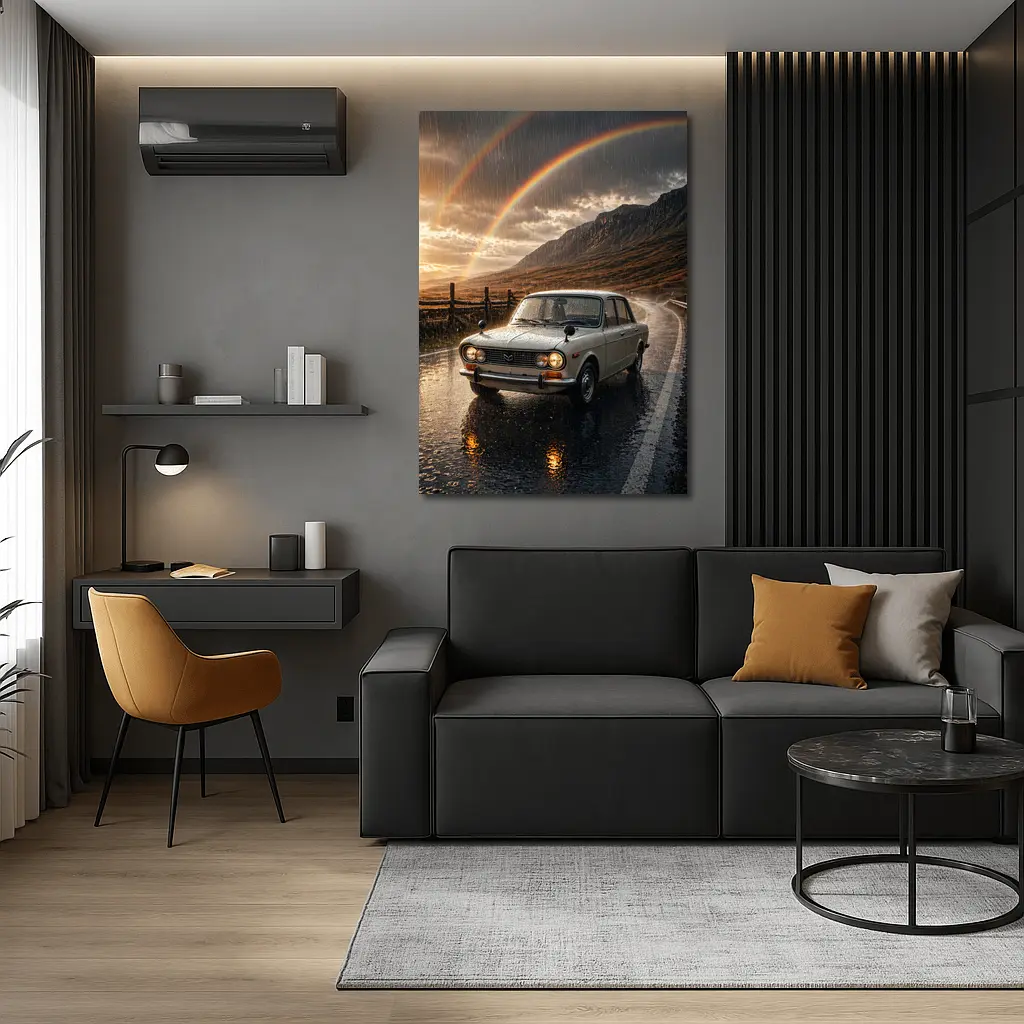 Vintage Mazda Sedan Rain Rainbow Mountain Road – Wall Art