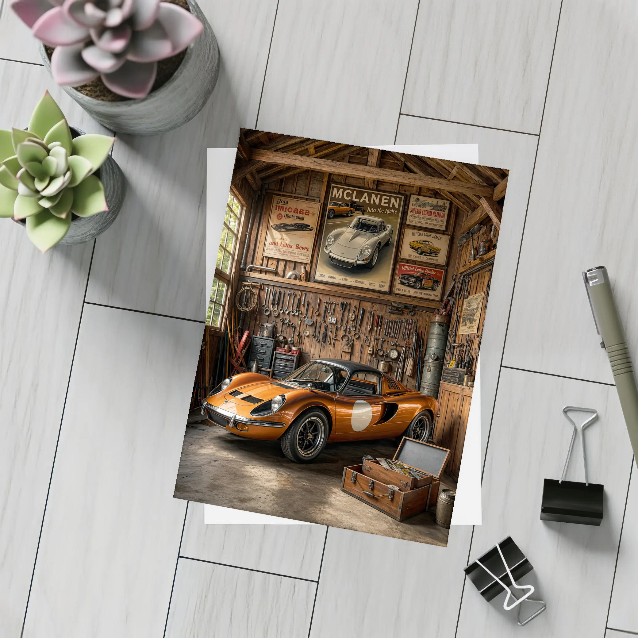 Ferrari Dino Orange Sports Car Vintage Garage – Postcards