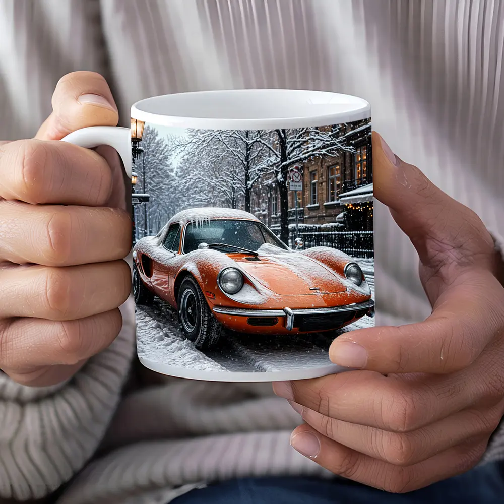 Orange Ferrari Dino Snow Covered Street – Mugs
