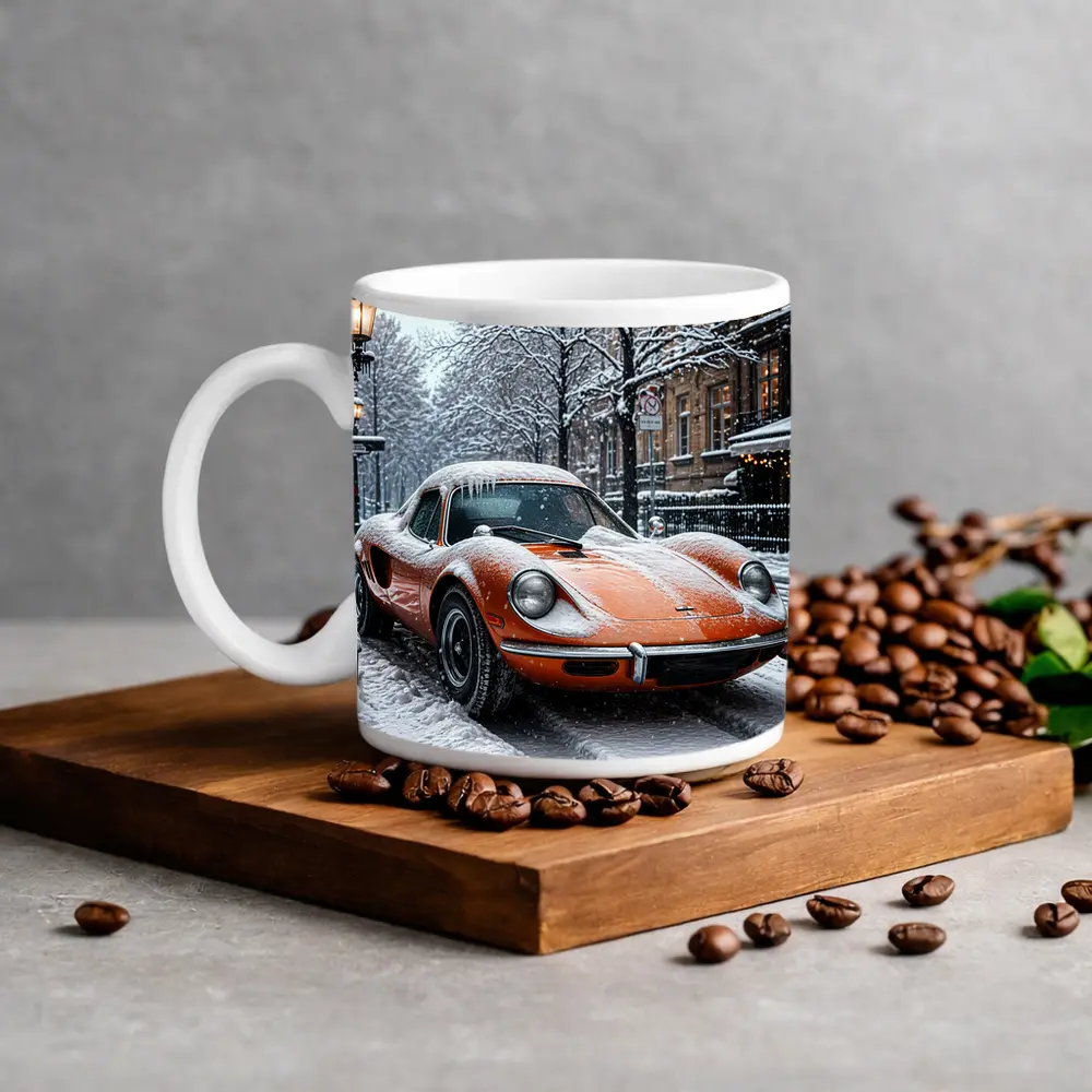 Orange Ferrari Dino Snow Covered Street – Mugs