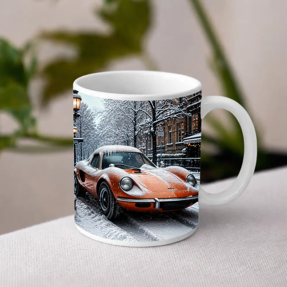 Orange Ferrari Dino Snow Covered Street – Mugs