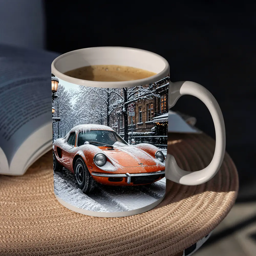 Orange Ferrari Dino Snow Covered Street – Mugs