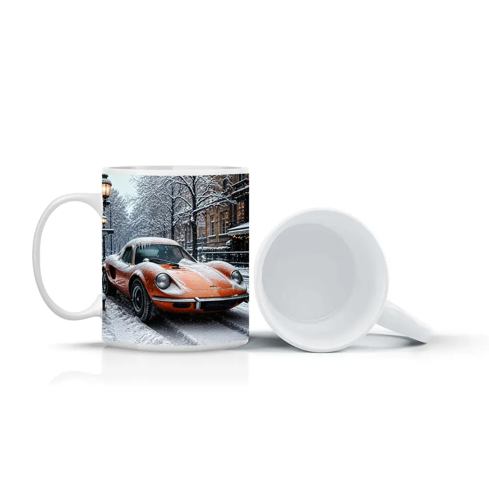 Orange Ferrari Dino Snow Covered Street – Mugs