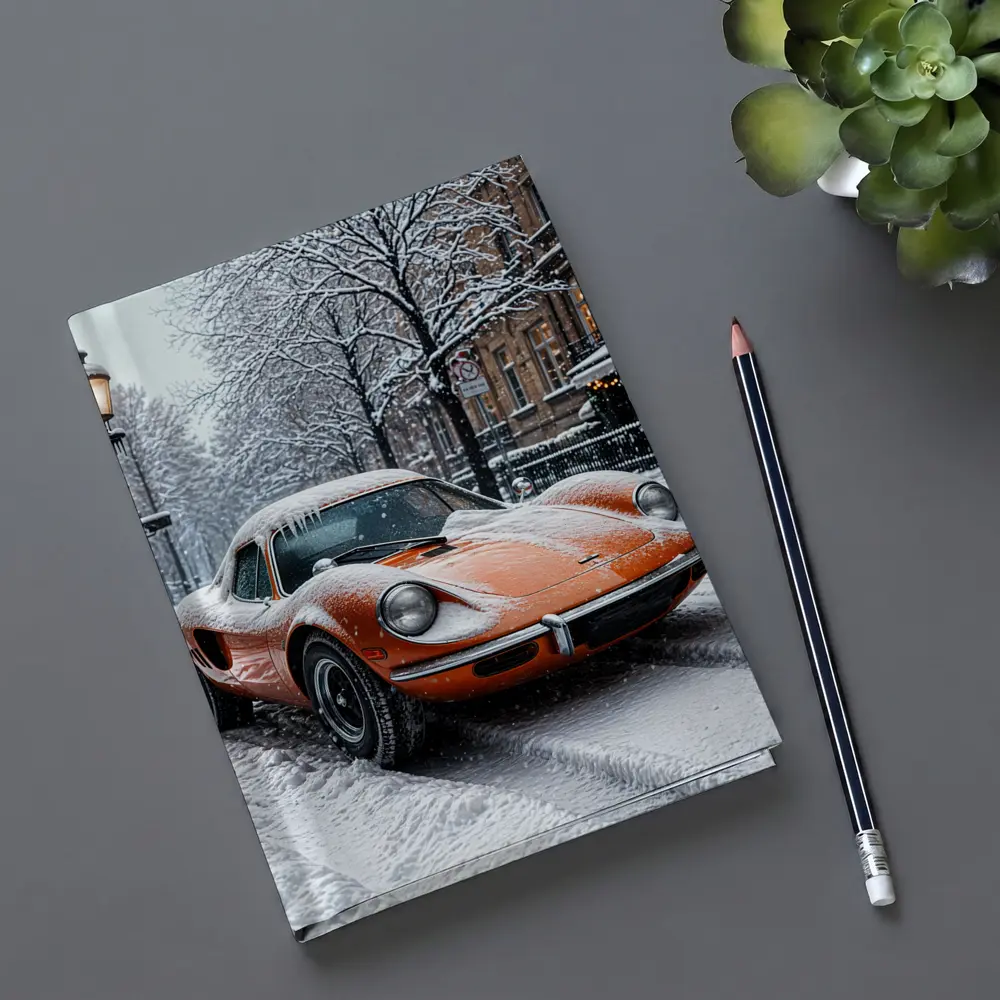 Orange Ferrari Dino Snow Covered Street – Notebooks