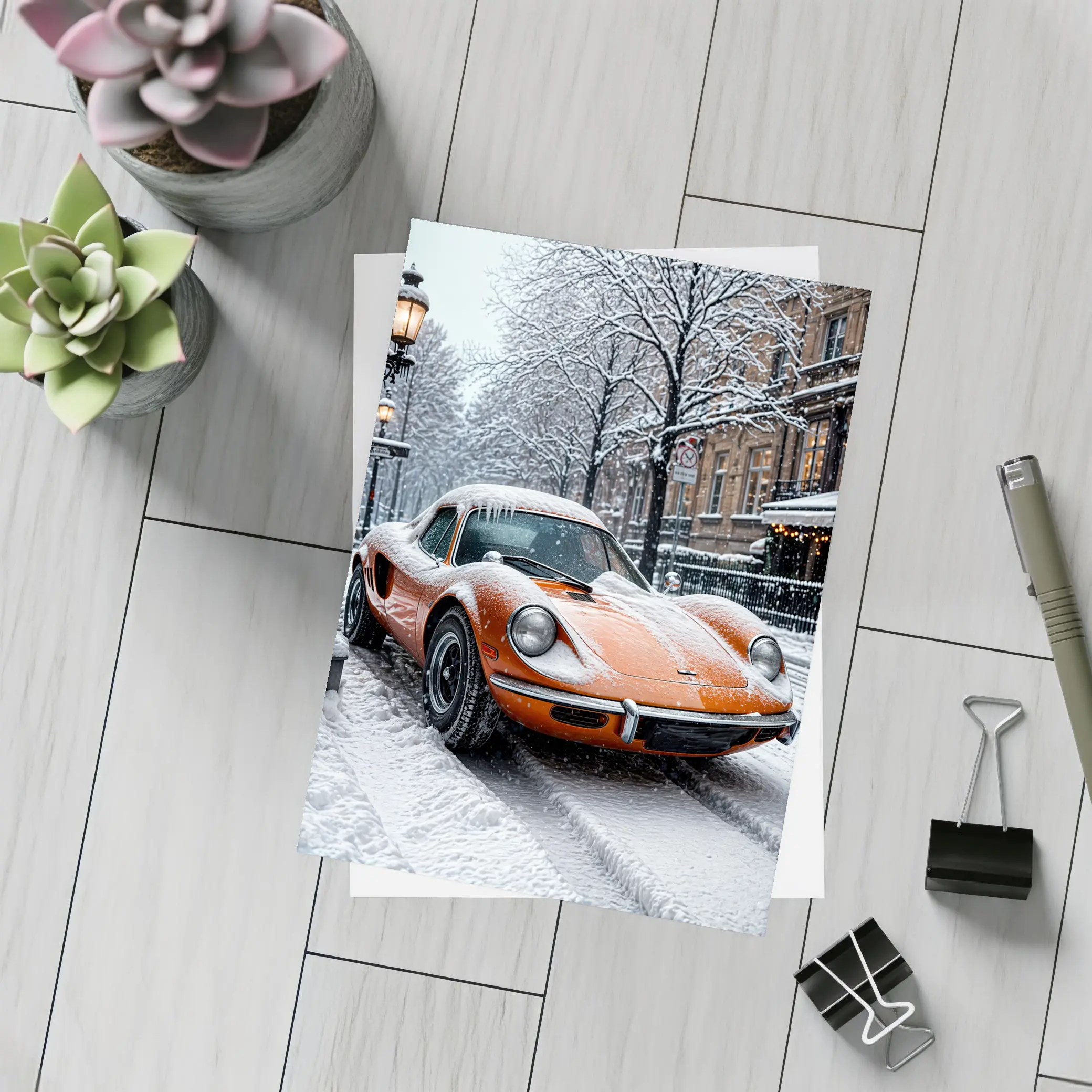 Orange Ferrari Dino Snow Covered Street – Postcards