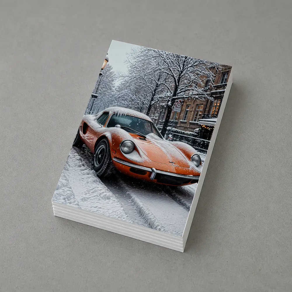 Orange Ferrari Dino Snow Covered Street – Postcards