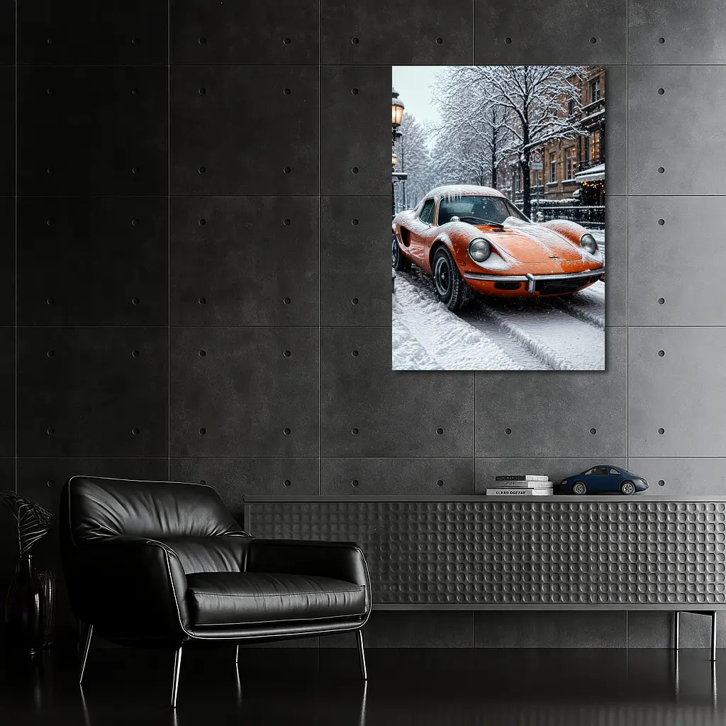 Orange Ferrari Dino Snow Covered Street – Wall Art
