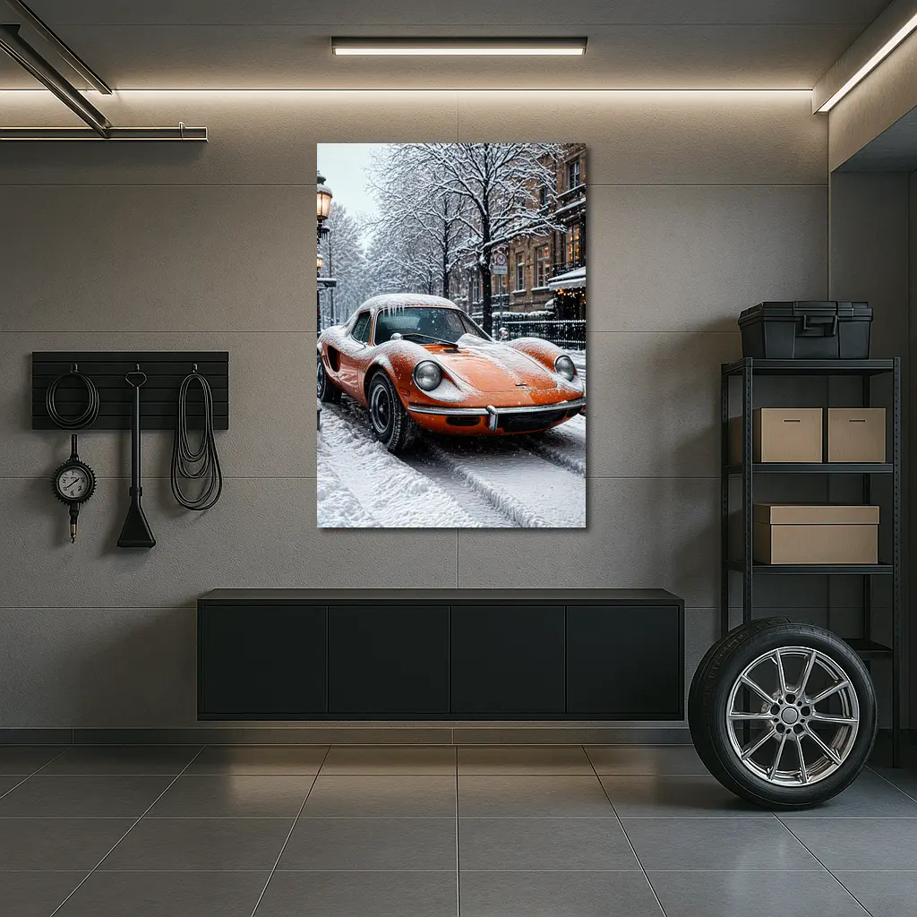 Orange Ferrari Dino Snow Covered Street – Wall Art