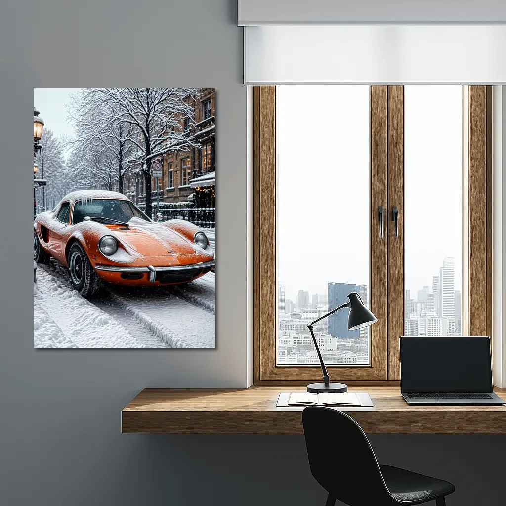 Orange Ferrari Dino Snow Covered Street – Wall Art