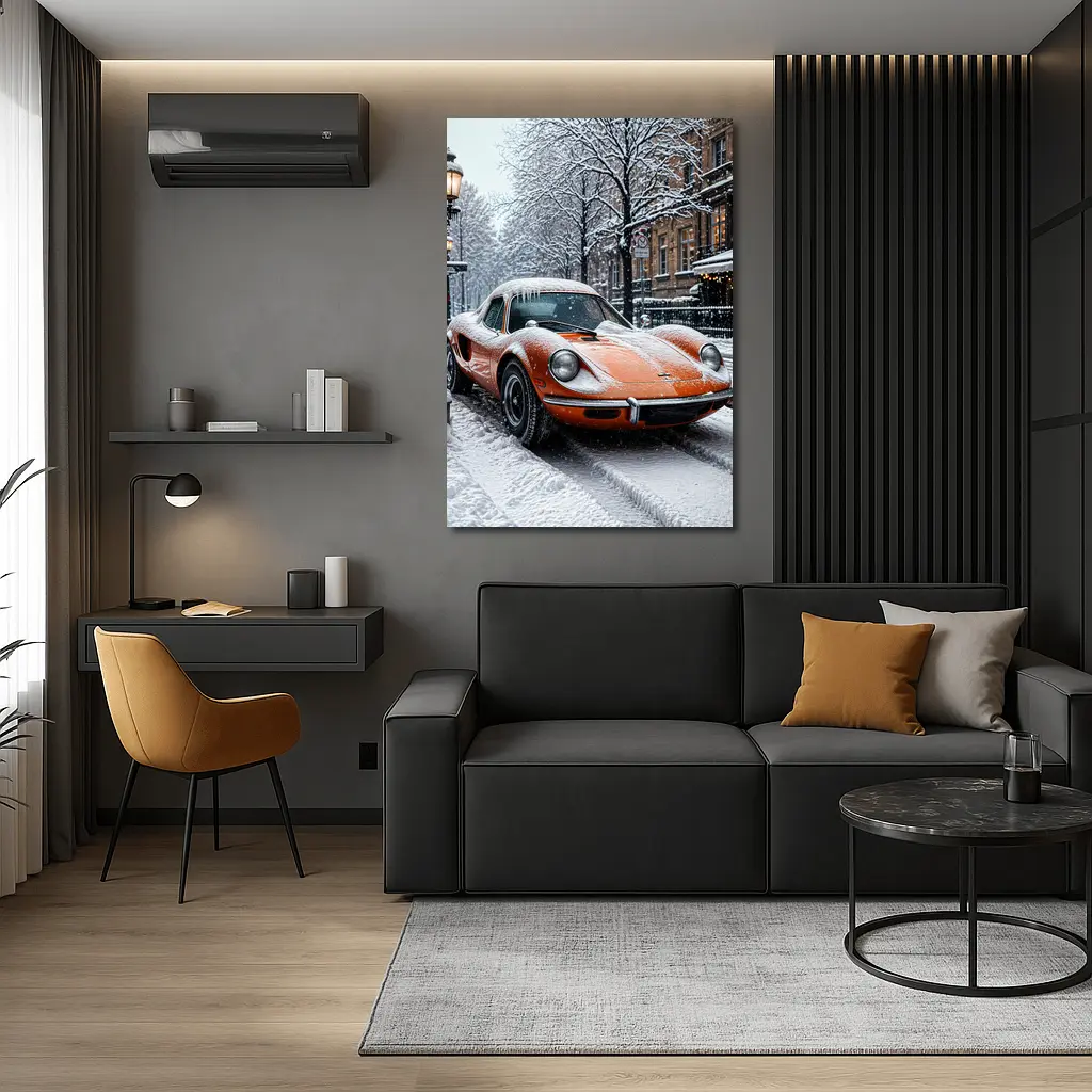 Orange Ferrari Dino Snow Covered Street – Wall Art