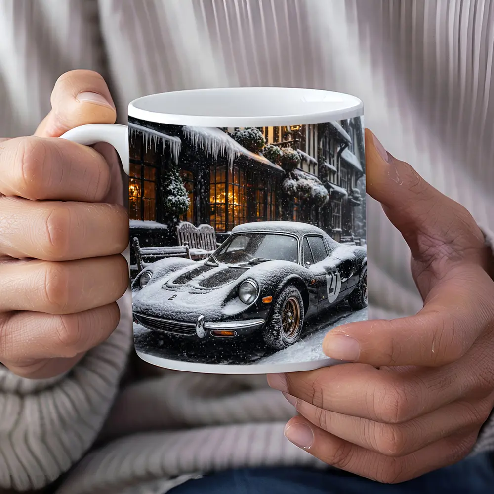 Ferrari Dino Snow Covered Winter Street Scene – Mugs