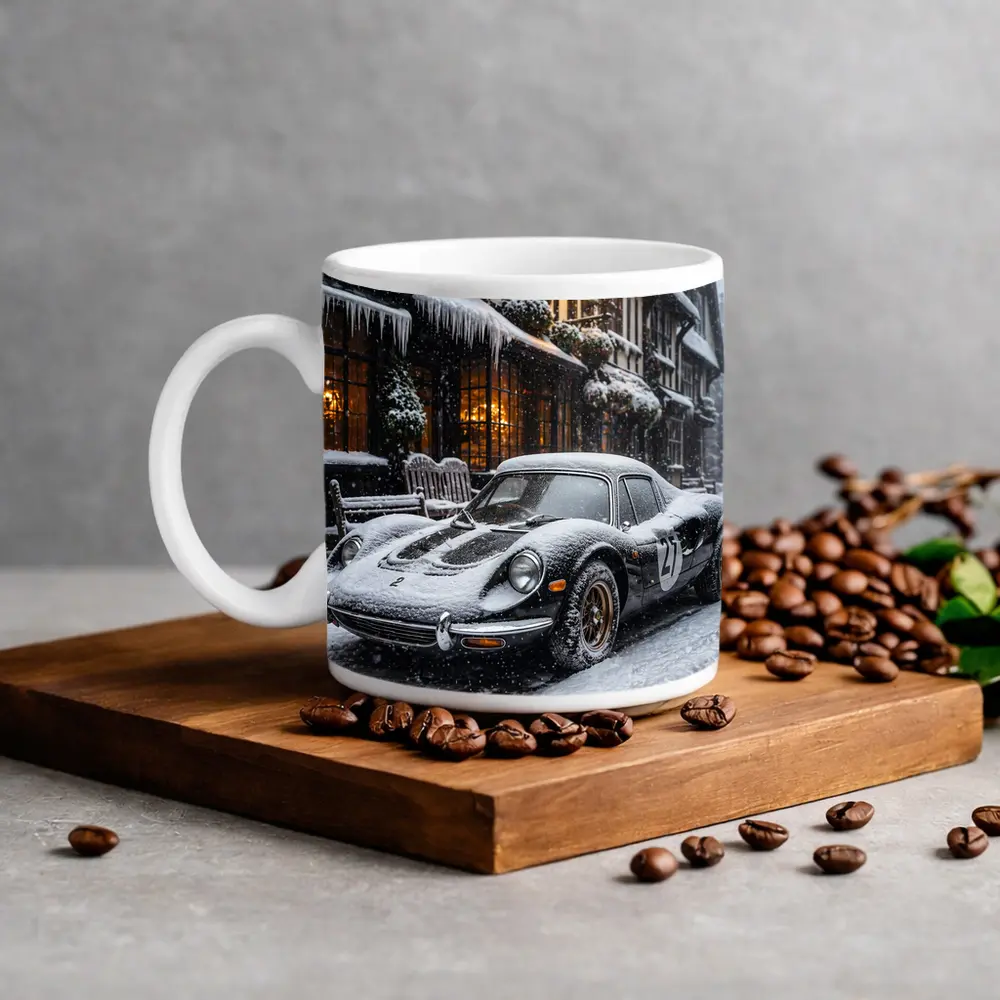 Ferrari Dino Snow Covered Winter Street Scene – Mugs