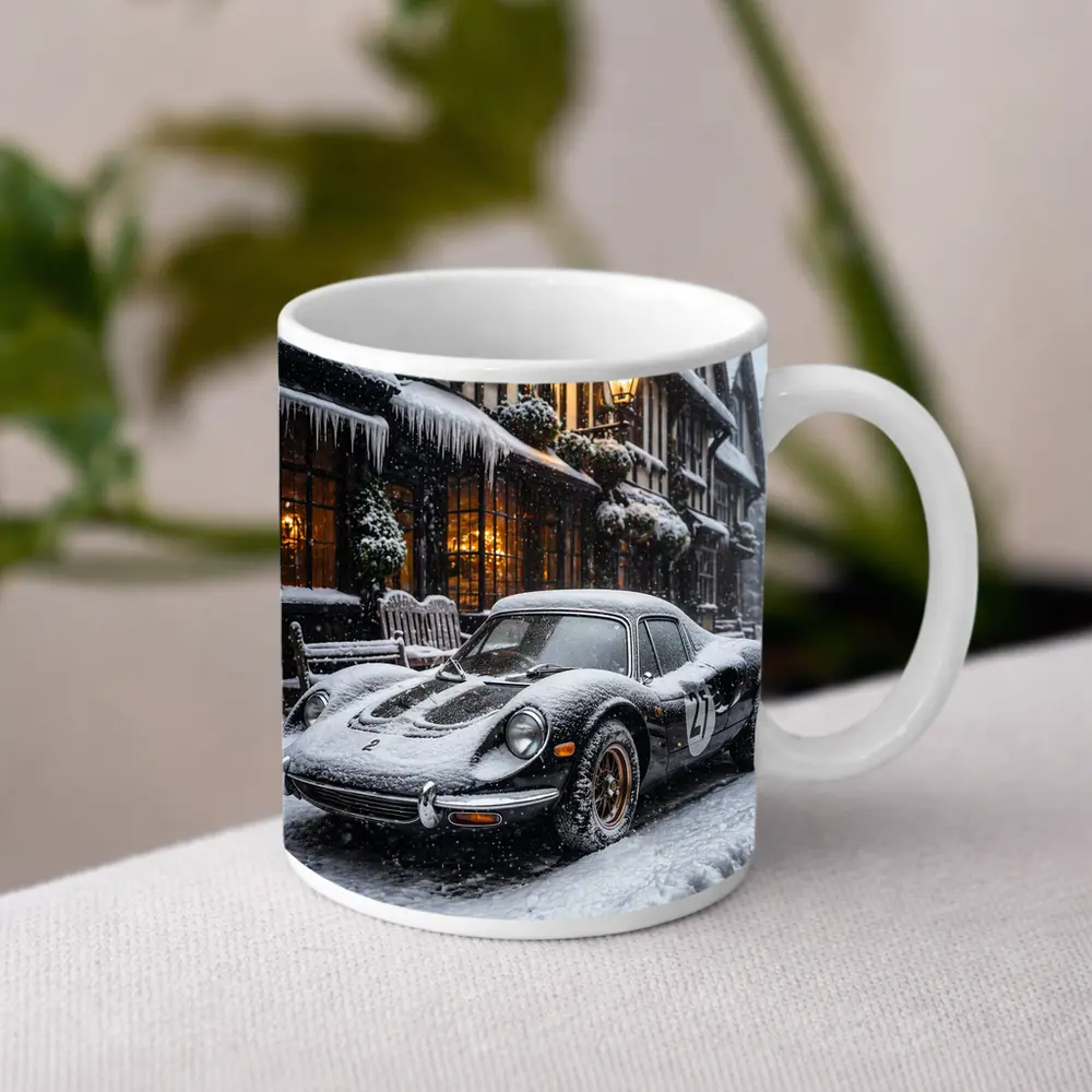 Ferrari Dino Snow Covered Winter Street Scene – Mugs
