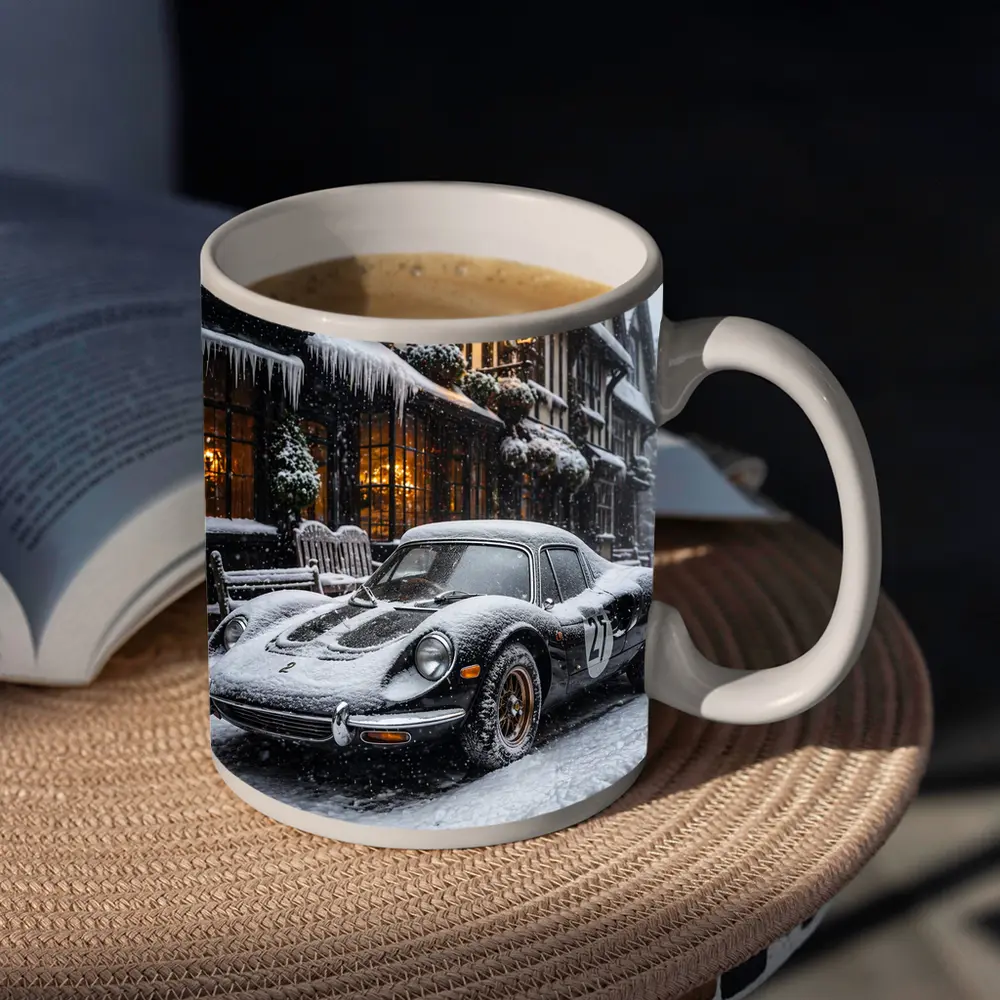 Ferrari Dino Snow Covered Winter Street Scene – Mugs