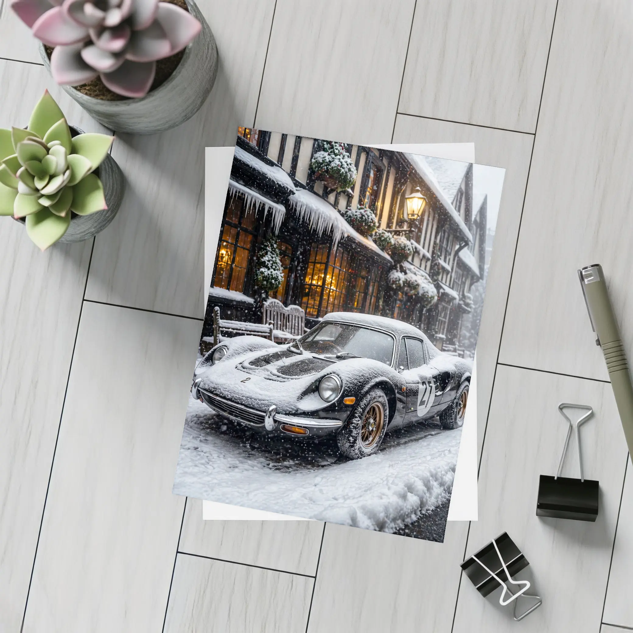 Ferrari Dino Snow Covered Winter Street Scene – Postcards