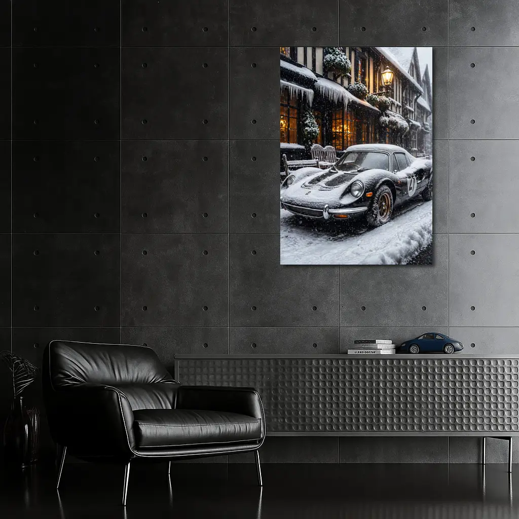 Ferrari Dino Snow Covered Winter Street Scene – Wall Art