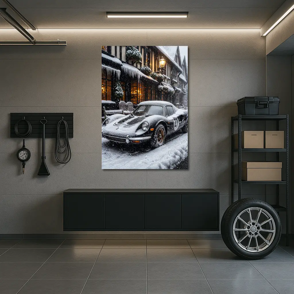 Ferrari Dino Snow Covered Winter Street Scene – Wall Art