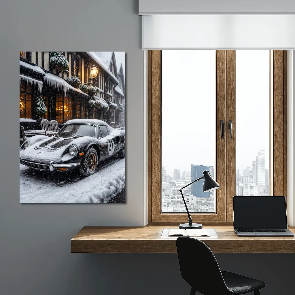 Ferrari Dino Snow Covered Winter Street Scene – Wall Art