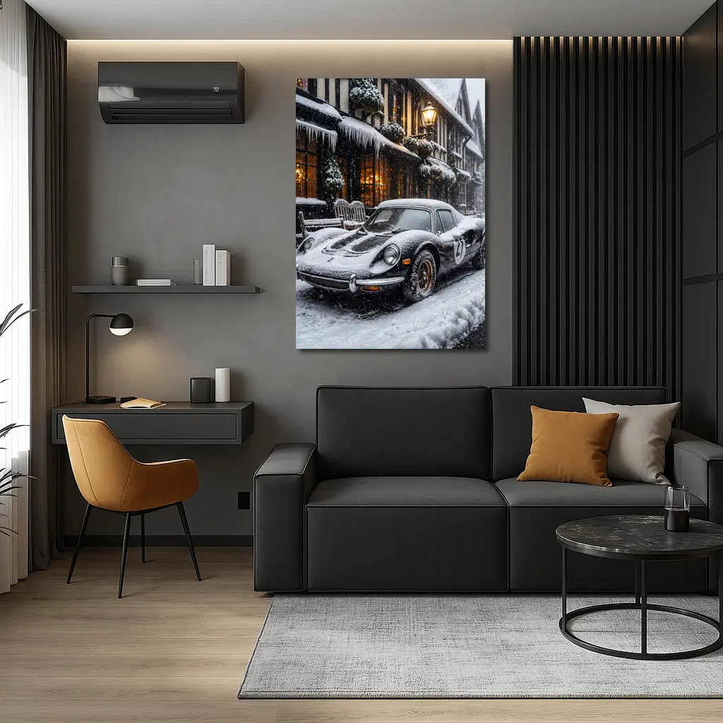 Ferrari Dino Snow Covered Winter Street Scene – Wall Art
