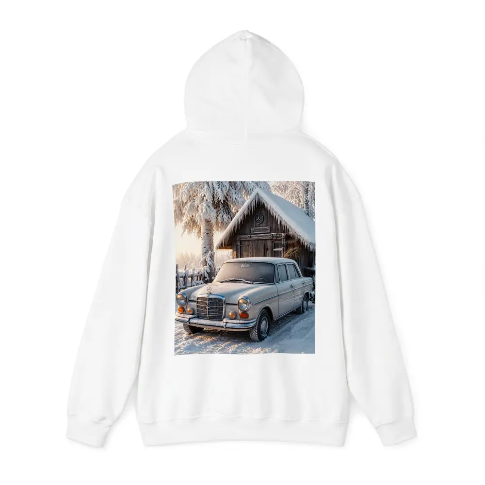 Vintage Mercedes Sedan Parked in Snowy Winter – Hoodies