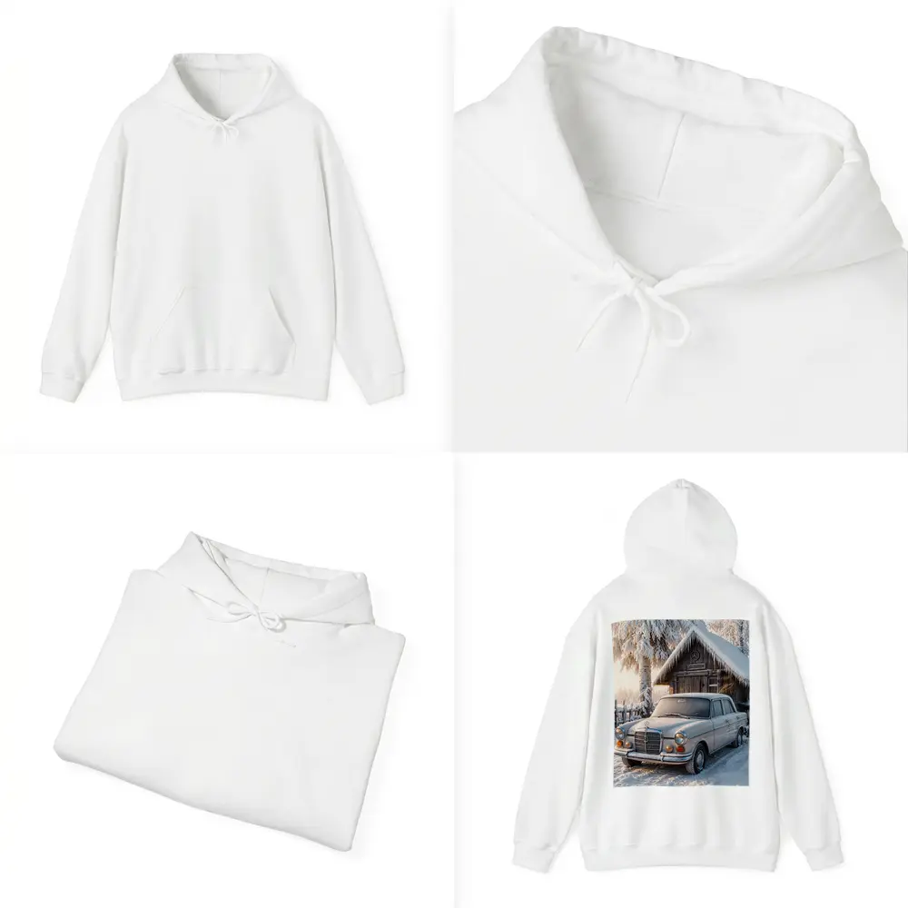 Vintage Mercedes Sedan Parked in Snowy Winter – Hoodies