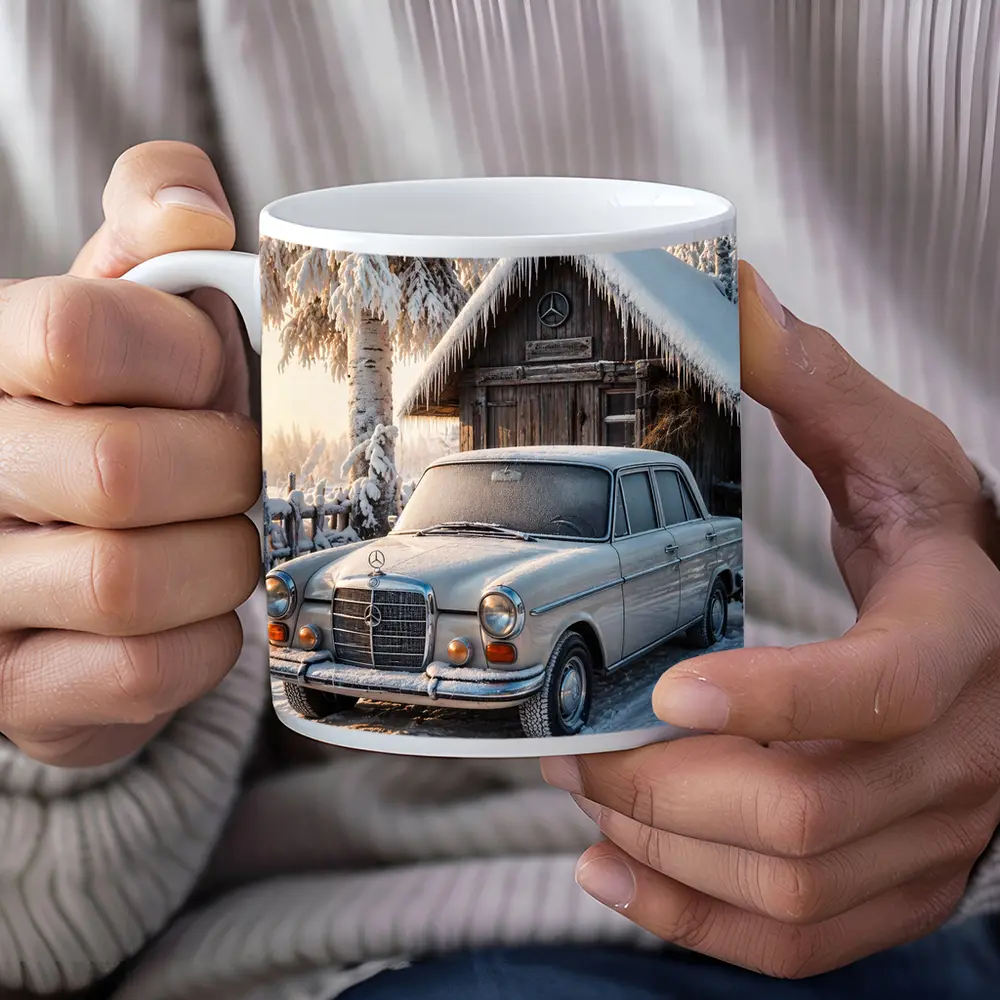 Vintage Mercedes Sedan Parked in Snowy Winter – Mugs