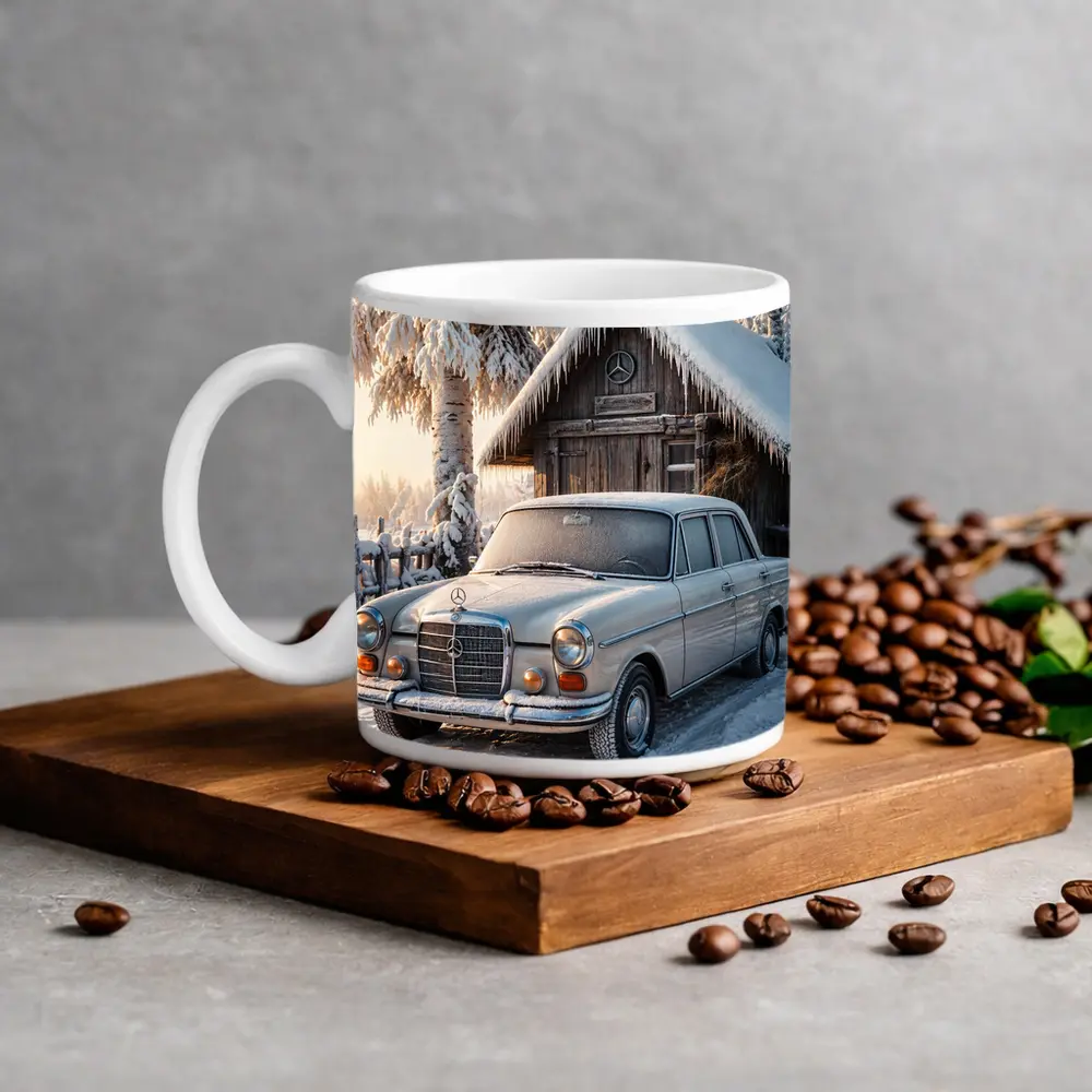 Vintage Mercedes Sedan Parked in Snowy Winter – Mugs