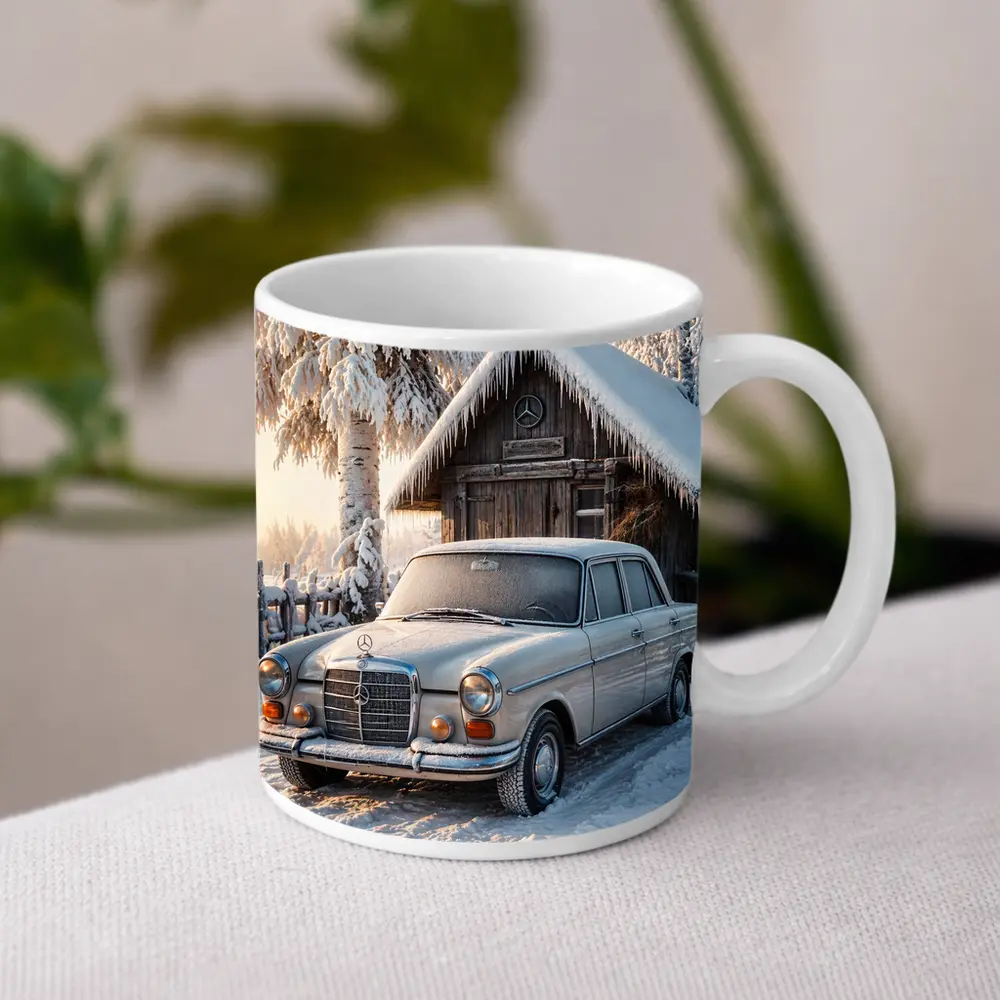 Vintage Mercedes Sedan Parked in Snowy Winter – Mugs