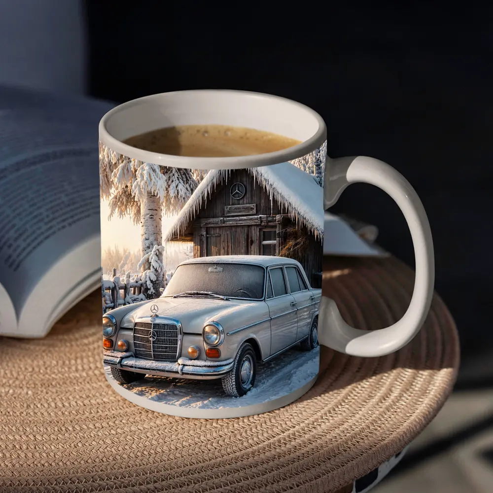 Vintage Mercedes Sedan Parked in Snowy Winter – Mugs