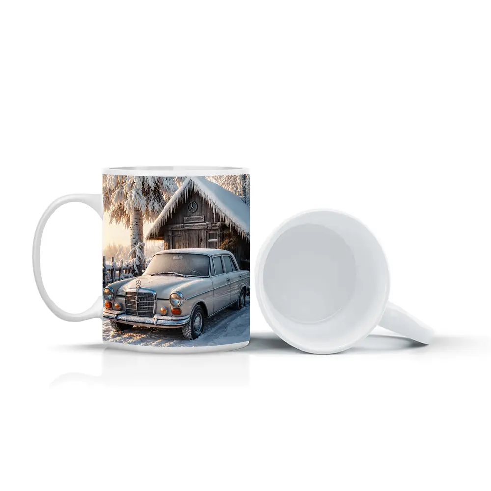 Vintage Mercedes Sedan Parked in Snowy Winter – Mugs