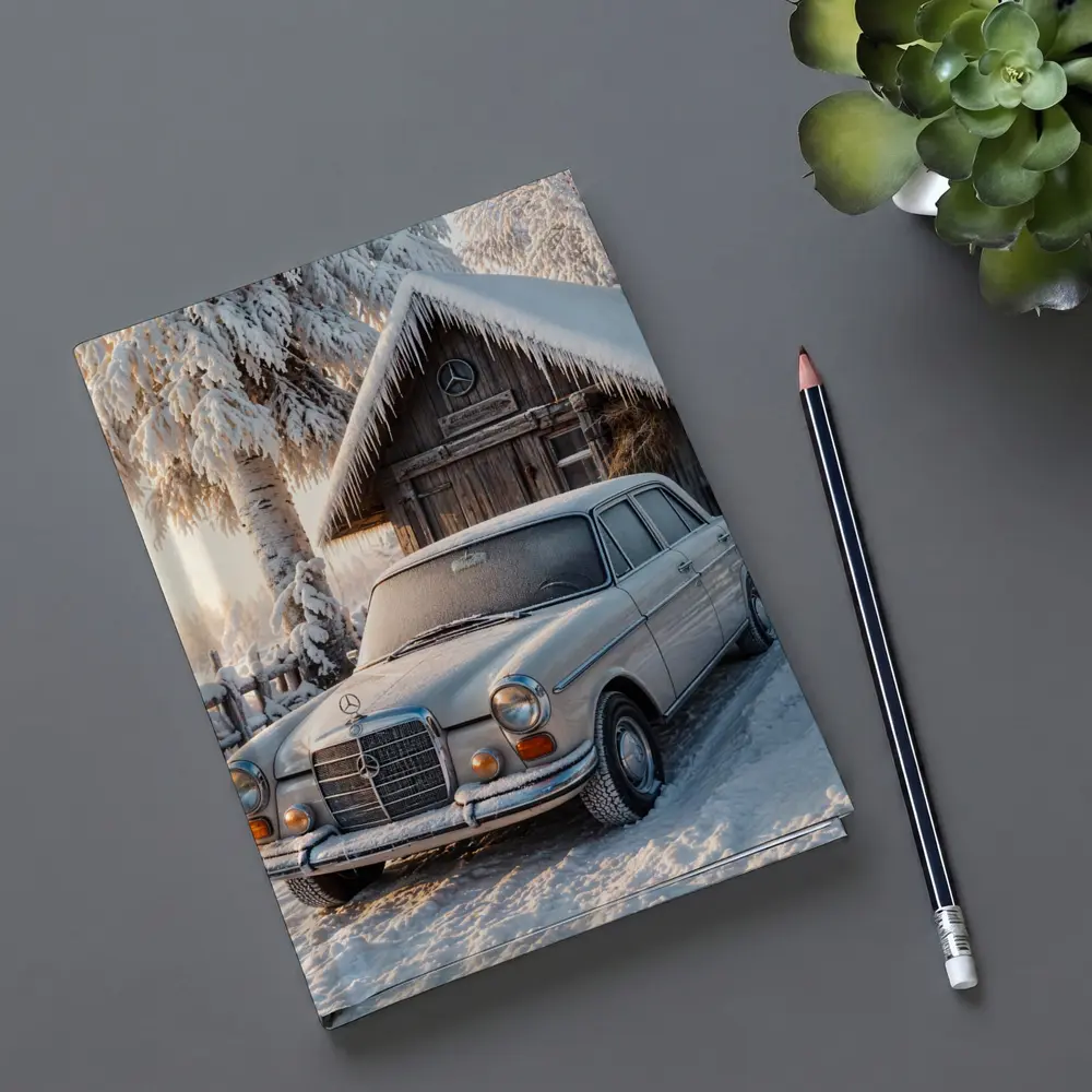 Vintage Mercedes Sedan Parked in Snowy Winter – Notebooks