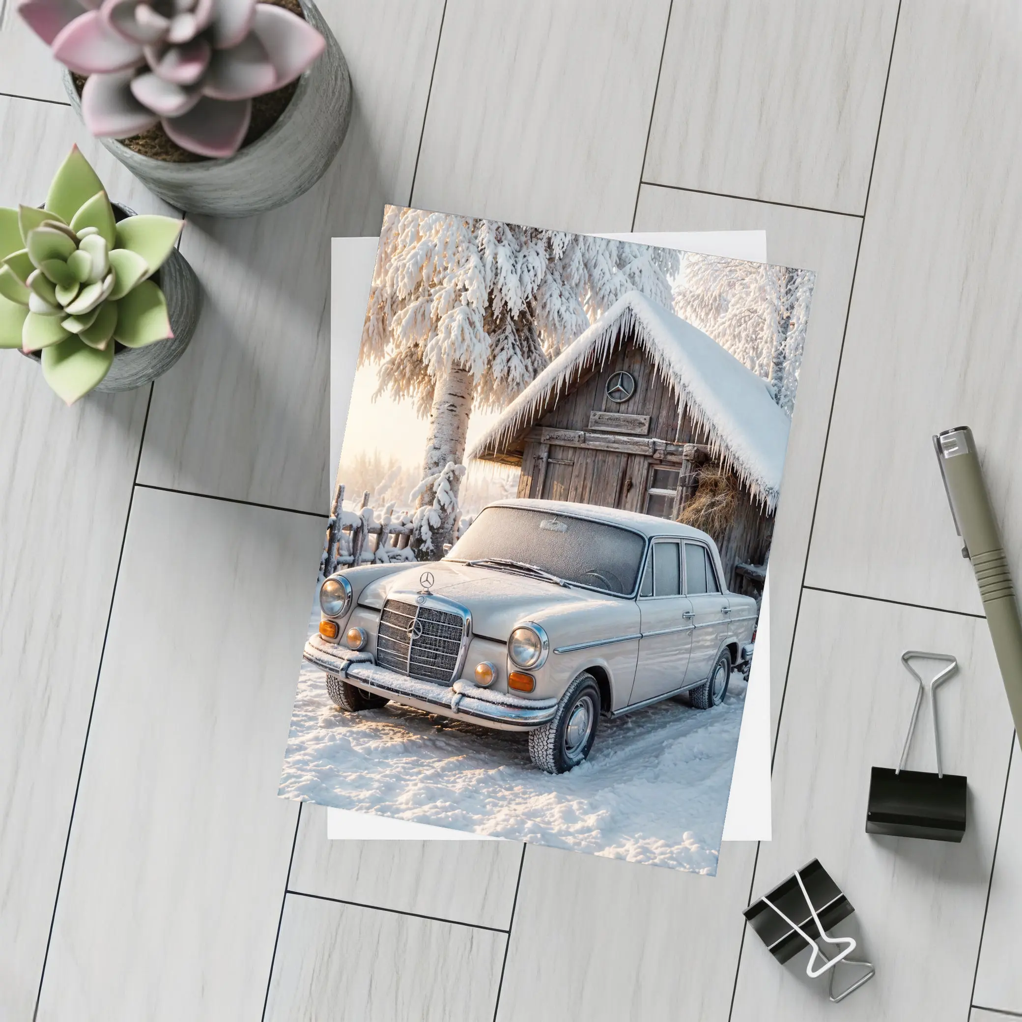 Vintage Mercedes Sedan Parked in Snowy Winter – Postcards