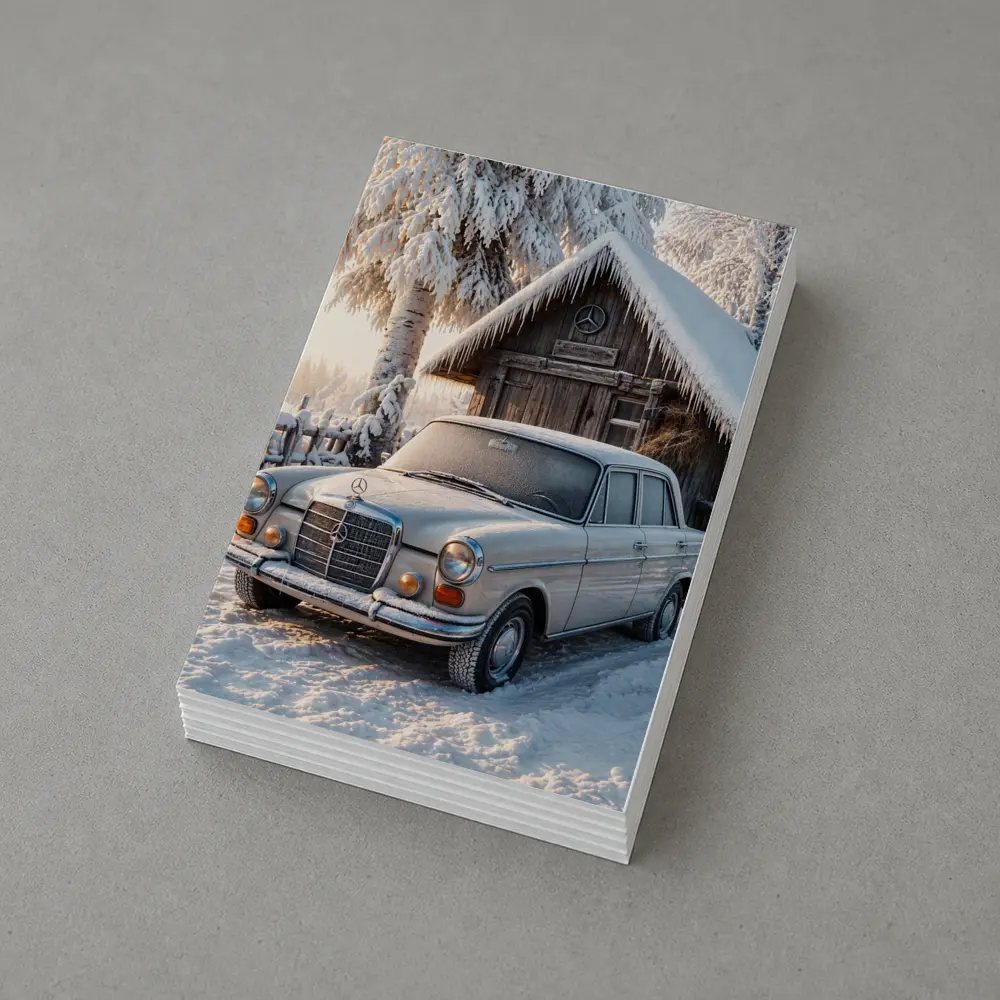 Vintage Mercedes Sedan Parked in Snowy Winter – Postcards