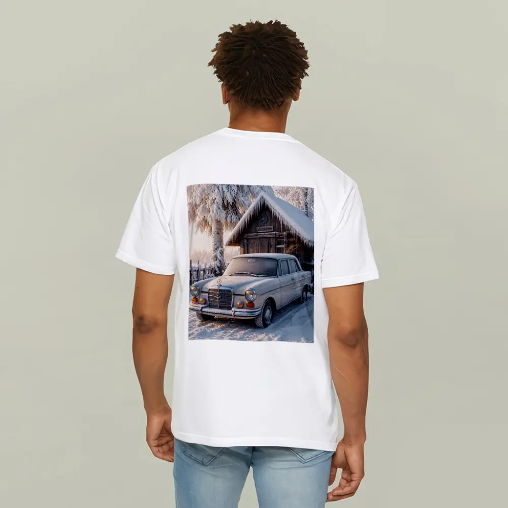 Vintage Mercedes Sedan Parked in Snowy Winter – T-Shirts