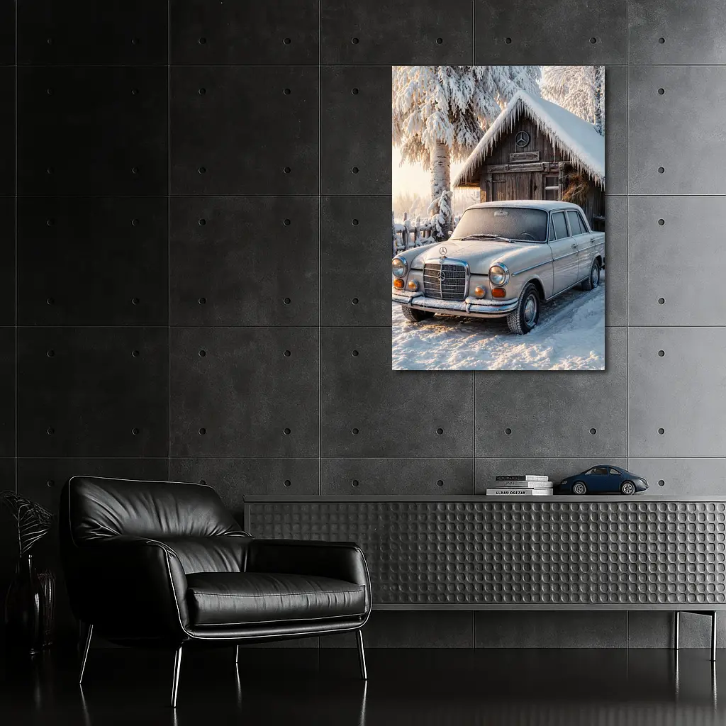 Vintage Mercedes Sedan Parked in Snowy Winter – Wall Art