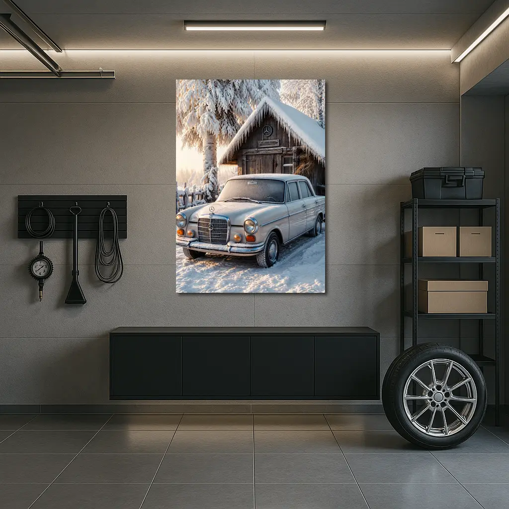 Vintage Mercedes Sedan Parked in Snowy Winter – Wall Art