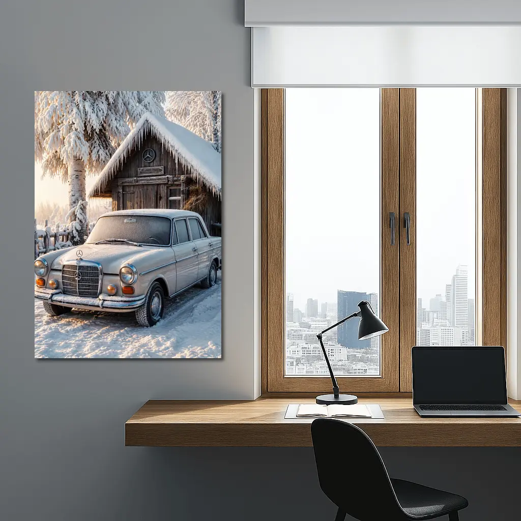 Vintage Mercedes Sedan Parked in Snowy Winter – Wall Art